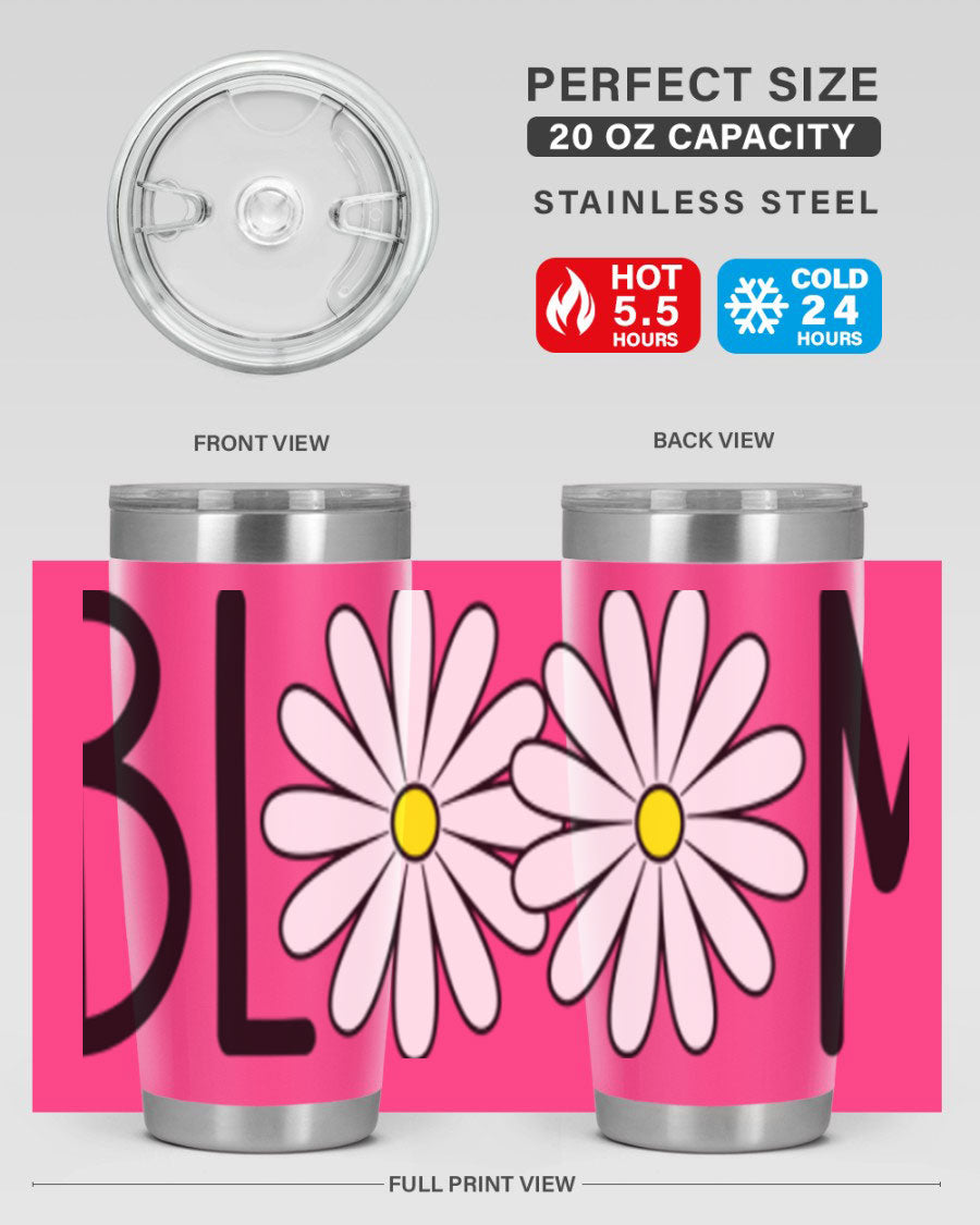 Bloom Flowers72# Spring Tumbler in vibrant floral design, showcasing its stainless steel body and drink-thru lid.