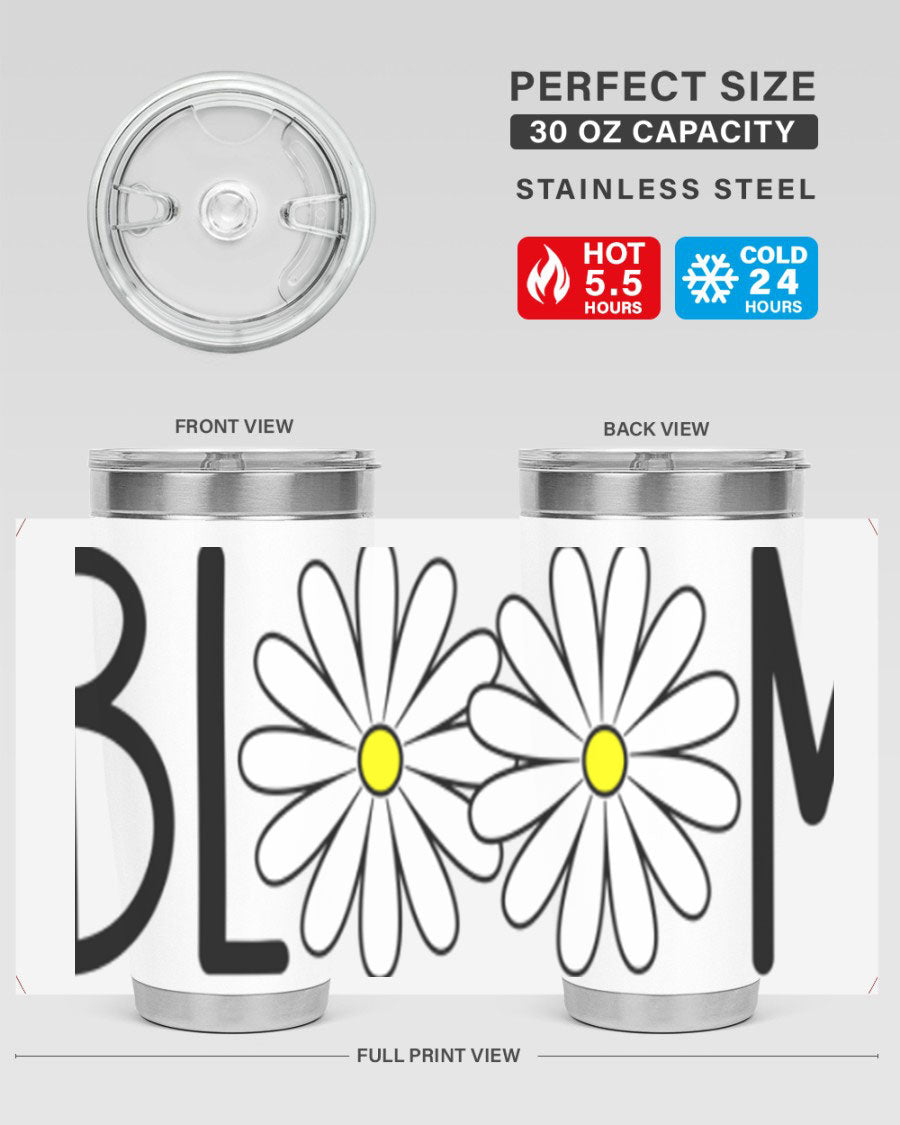 Bloom Flowers72# Spring Tumbler in vibrant floral design, showcasing its stainless steel body and drink-thru lid.