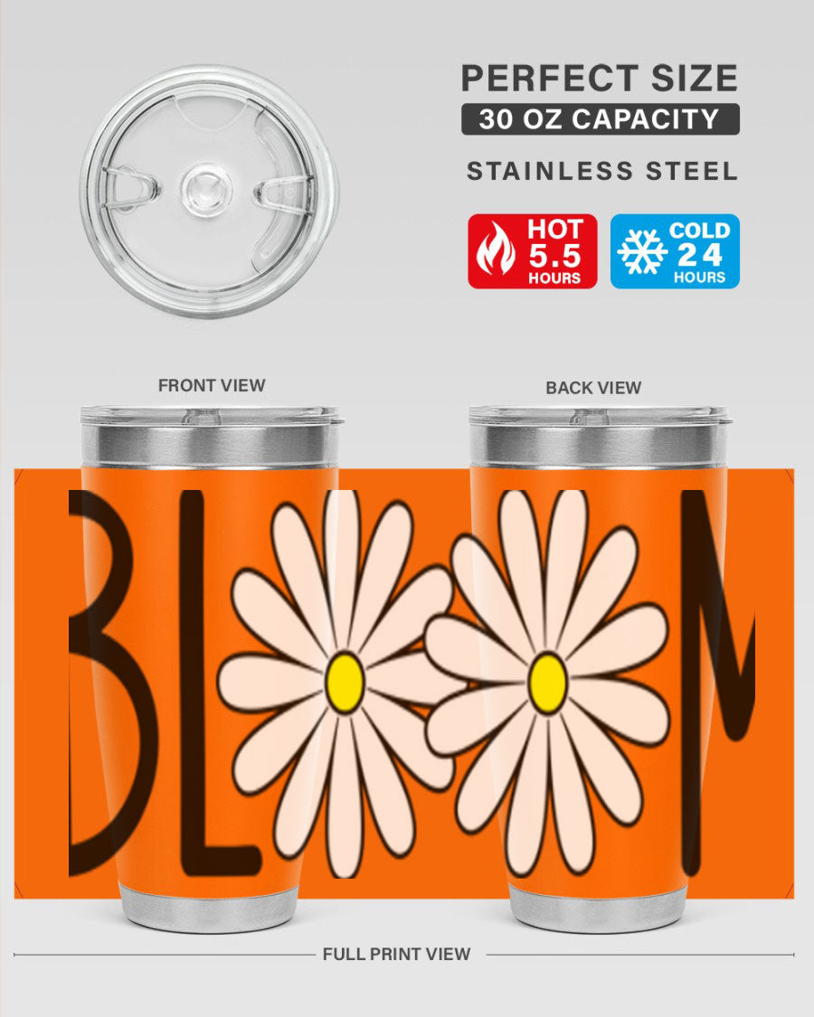 Bloom Flowers72# Spring Tumbler in vibrant floral design, showcasing its stainless steel body and drink-thru lid.