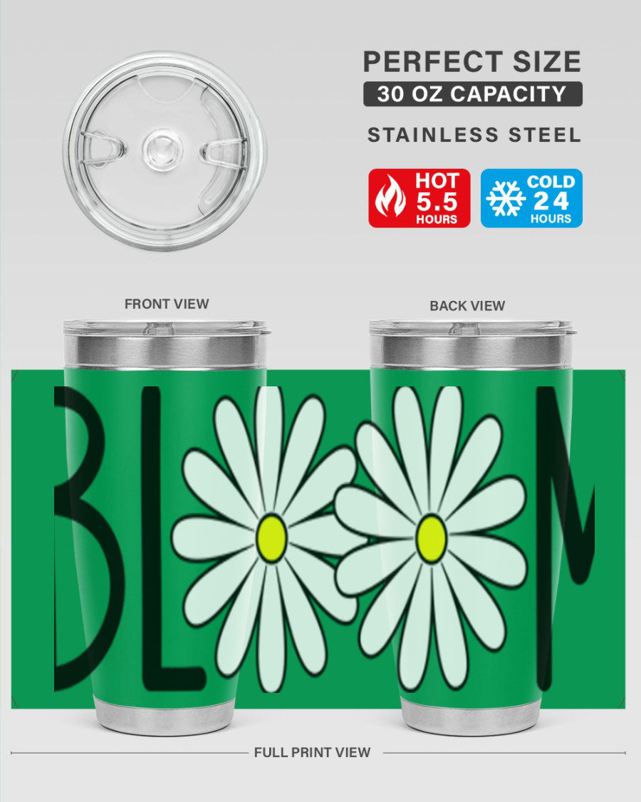 Bloom Flowers72# Spring Tumbler in vibrant floral design, showcasing its stainless steel body and drink-thru lid.