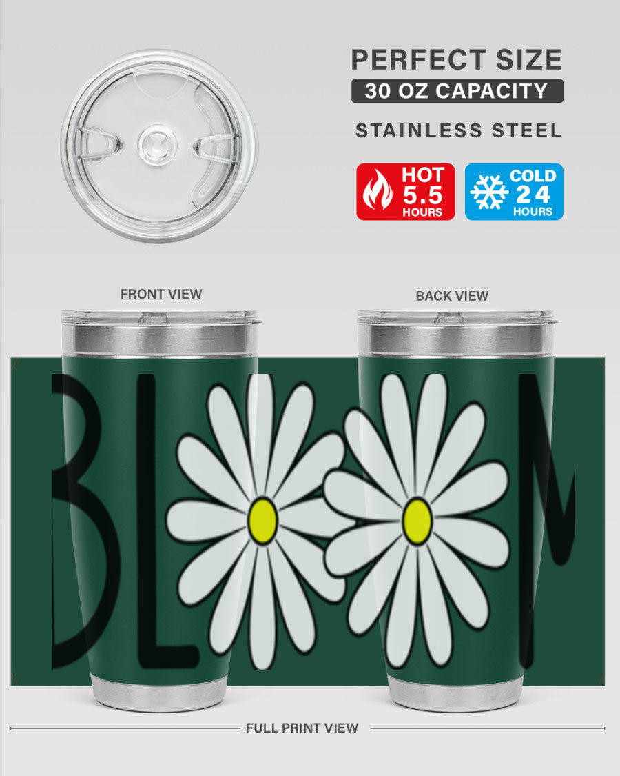 Bloom Flowers72# Spring Tumbler in vibrant floral design, showcasing its stainless steel body and drink-thru lid.