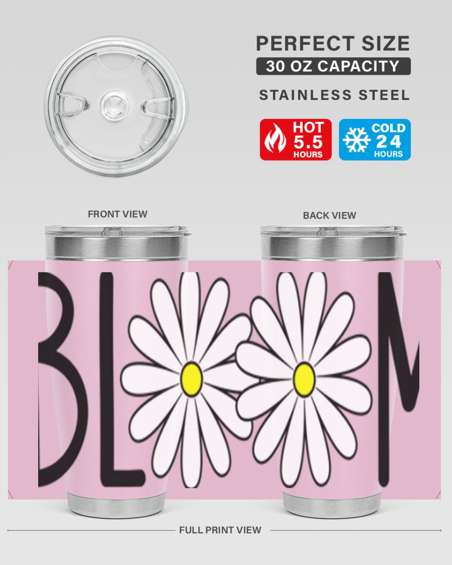 Bloom Flowers72# Spring Tumbler in vibrant floral design, showcasing its stainless steel body and drink-thru lid.