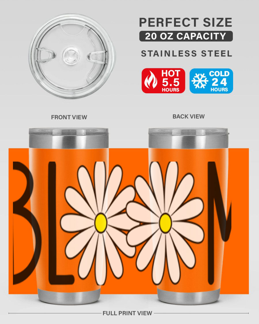 Bloom Flowers72# Spring Tumbler in vibrant floral design, showcasing its stainless steel body and drink-thru lid.