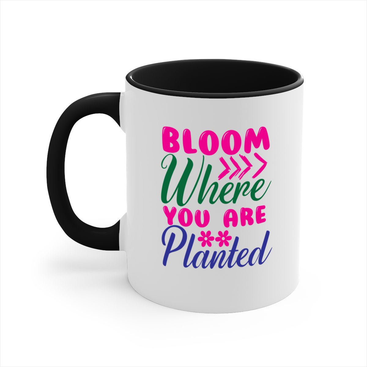 Bloom Where You Are Planted Mug with a glossy finish, featuring a colored handle and interior, available in multiple colors.