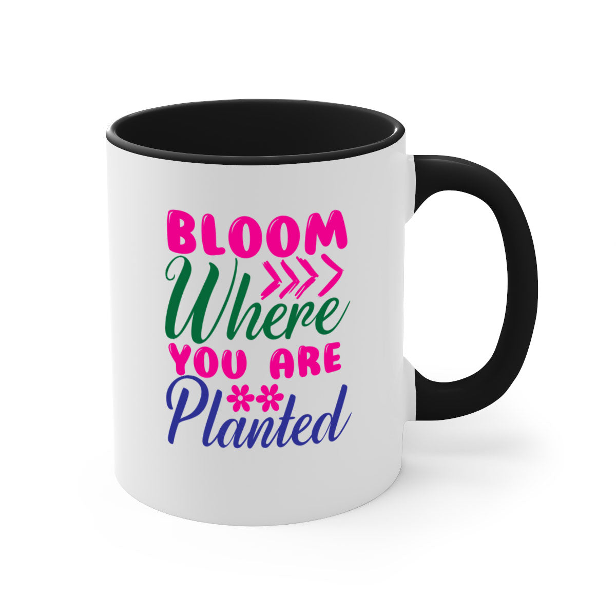 Bloom Where You Are Planted Mug with a glossy finish, featuring a colored handle and interior, available in multiple colors.