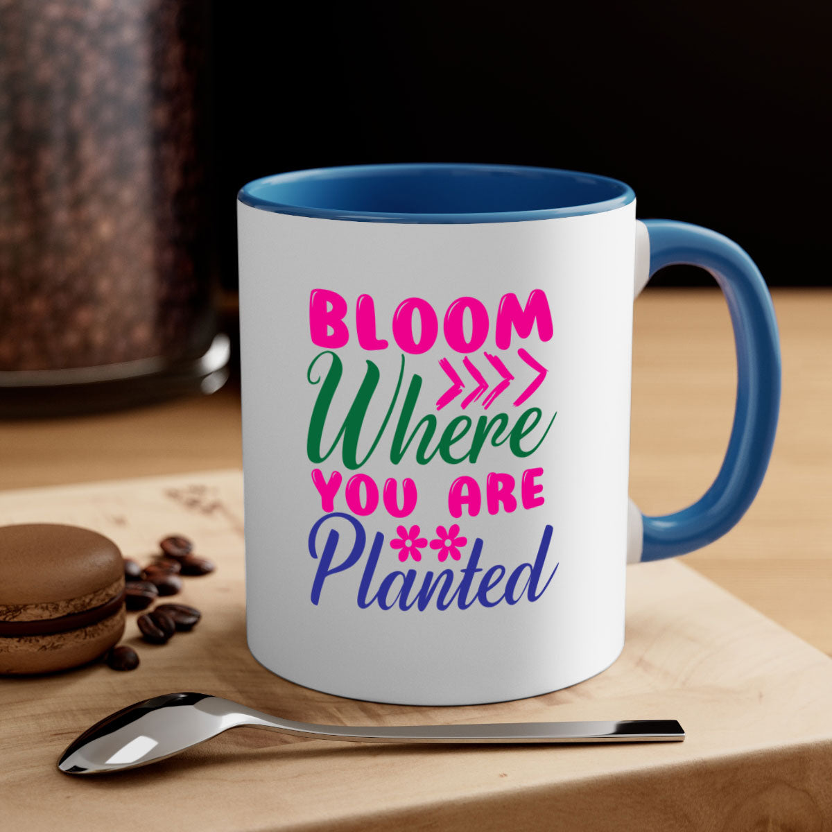 Bloom Where You Are Planted Mug with a glossy finish, featuring a colored handle and interior, available in multiple colors.