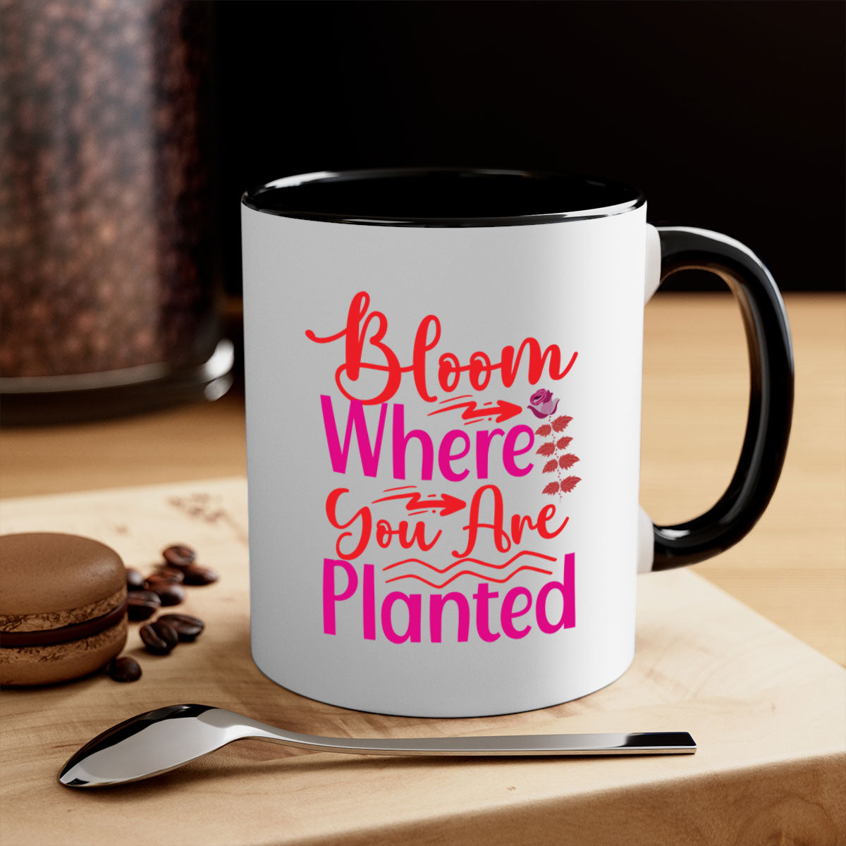 Bloom Where You Are Planted 76# Mug with a glossy finish, featuring a colored handle and interior, available in multiple colors.