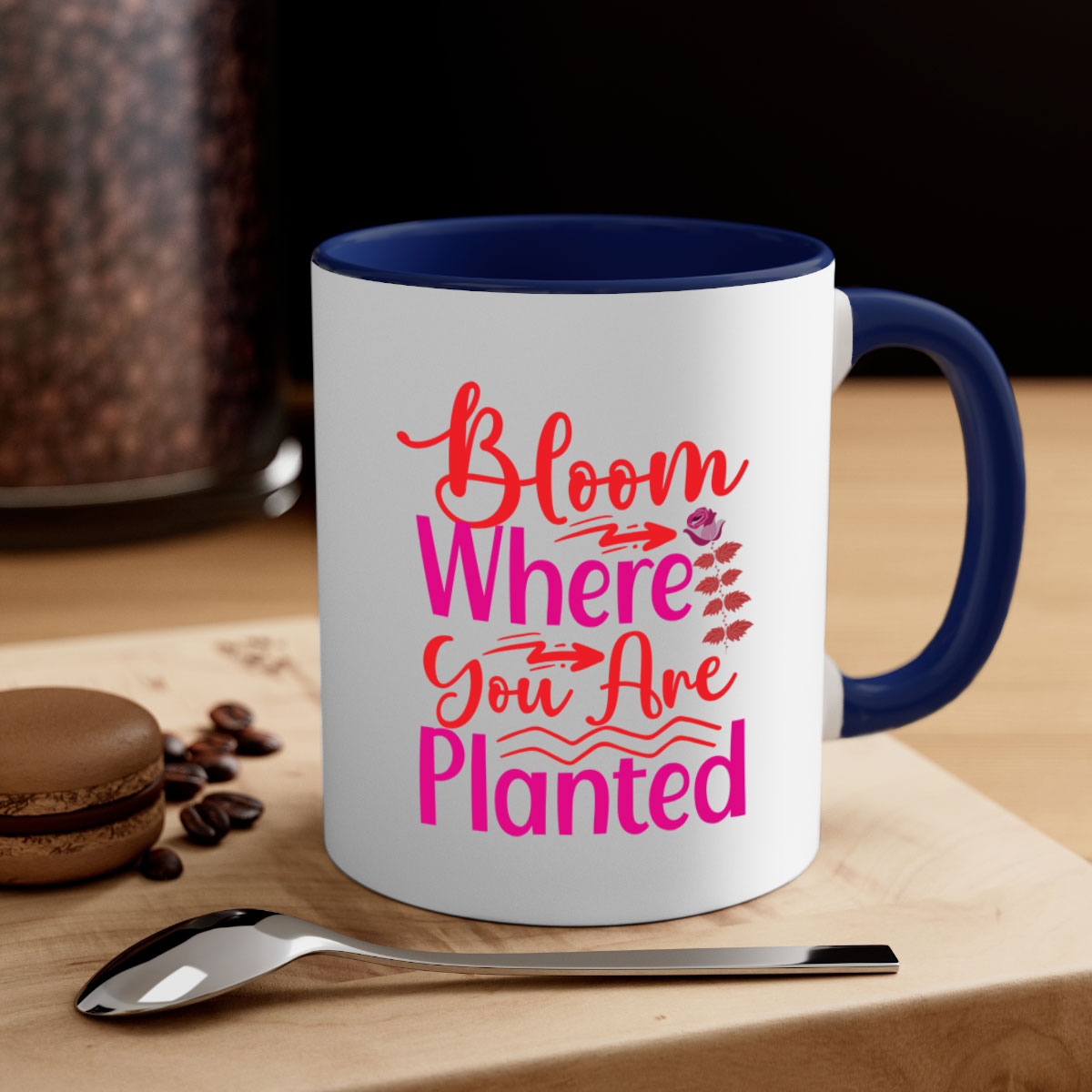 Bloom Where You Are Planted 76# Mug with a glossy finish, featuring a colored handle and interior, available in multiple colors.