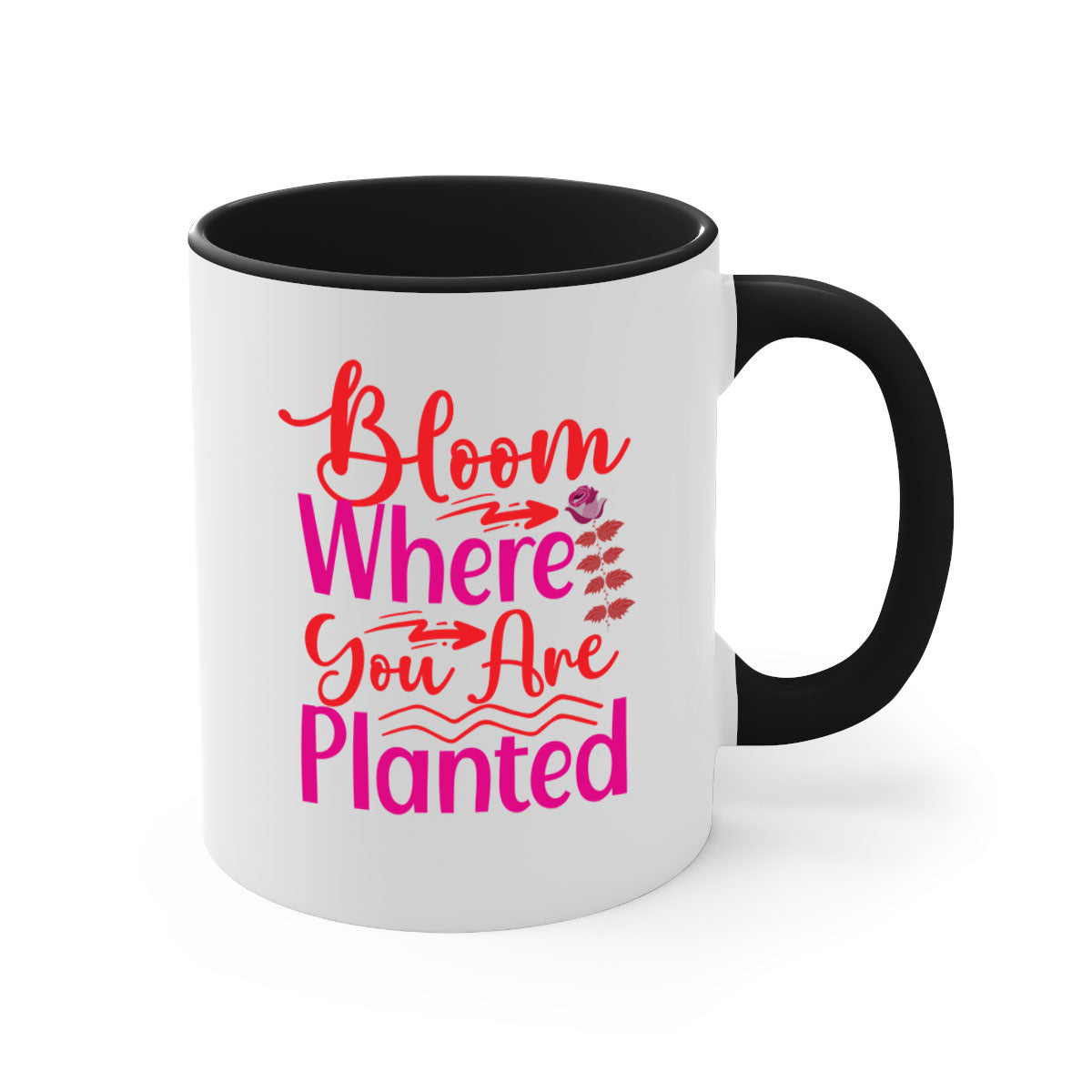 Bloom Where You Are Planted 76# Mug with a glossy finish, featuring a colored handle and interior, available in multiple colors.