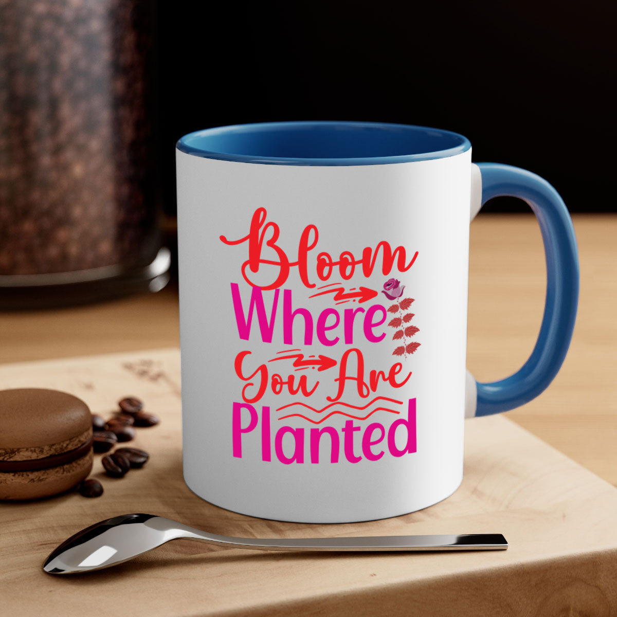 Bloom Where You Are Planted 76# Mug with a glossy finish, featuring a colored handle and interior, available in multiple colors.