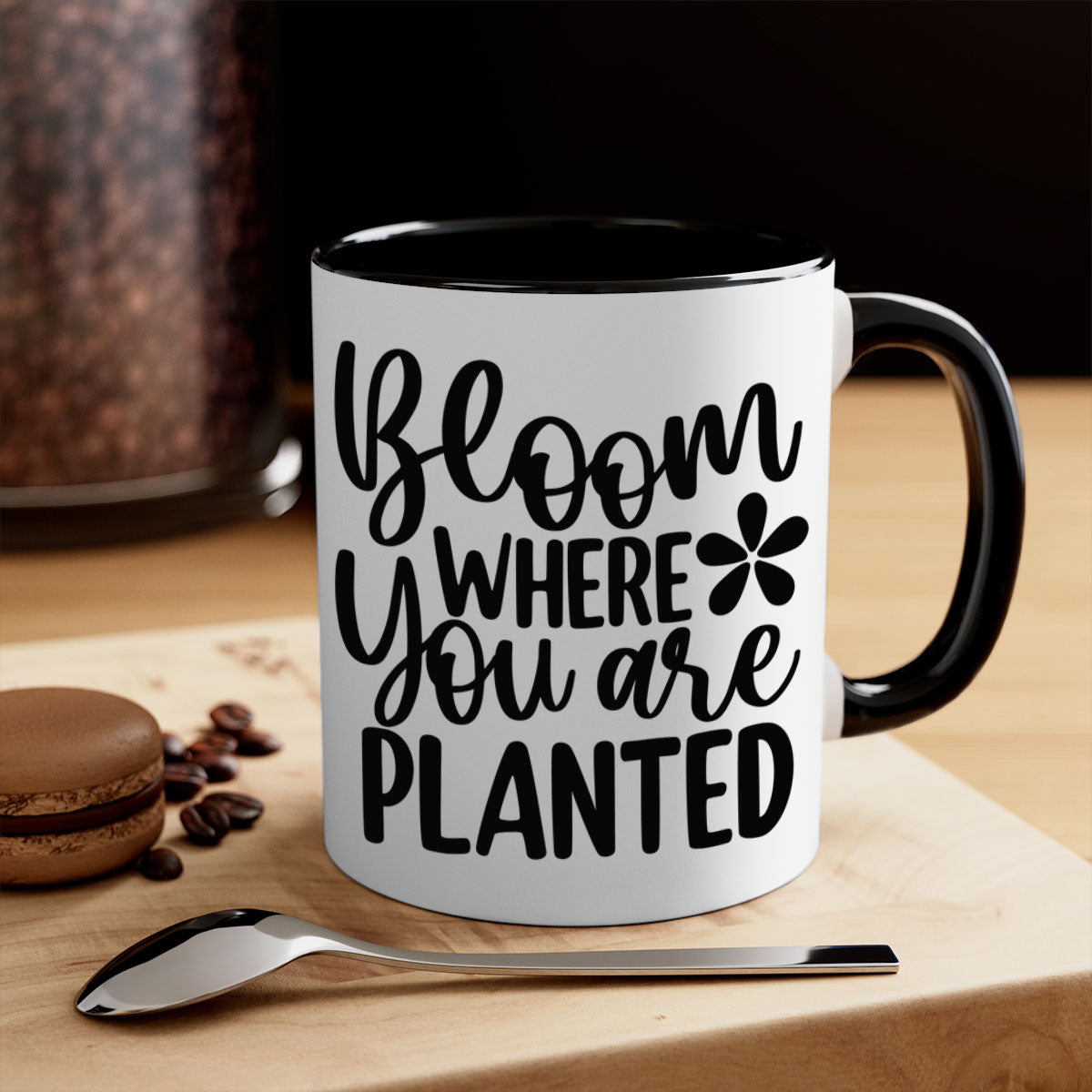 Bloom where you are planted mug with a glossy finish, featuring a colored handle and interior, available in multiple colors.