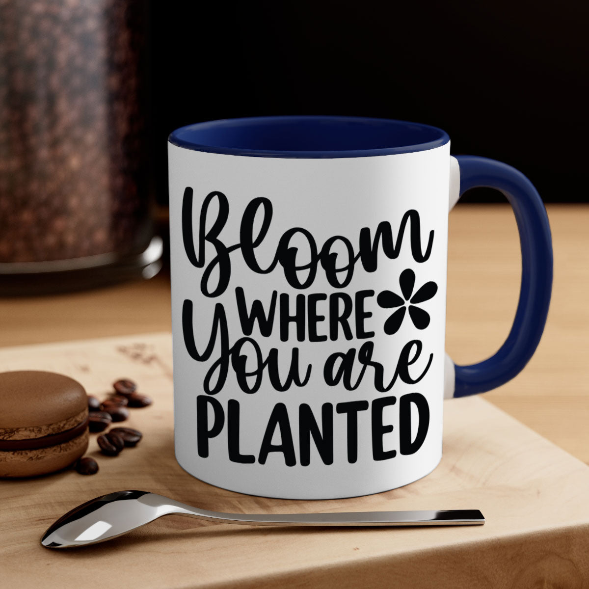 Bloom where you are planted mug with a glossy finish, featuring a colored handle and interior, available in multiple colors.