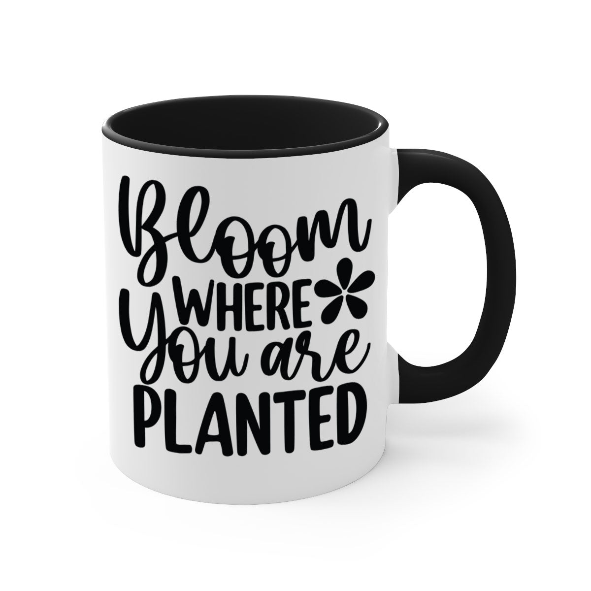 Bloom where you are planted mug with a glossy finish, featuring a colored handle and interior, available in multiple colors.