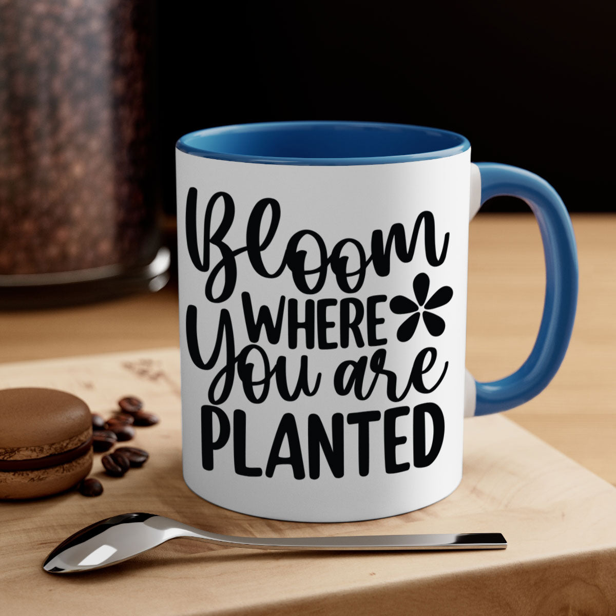 Bloom where you are planted mug with a glossy finish, featuring a colored handle and interior, available in multiple colors.