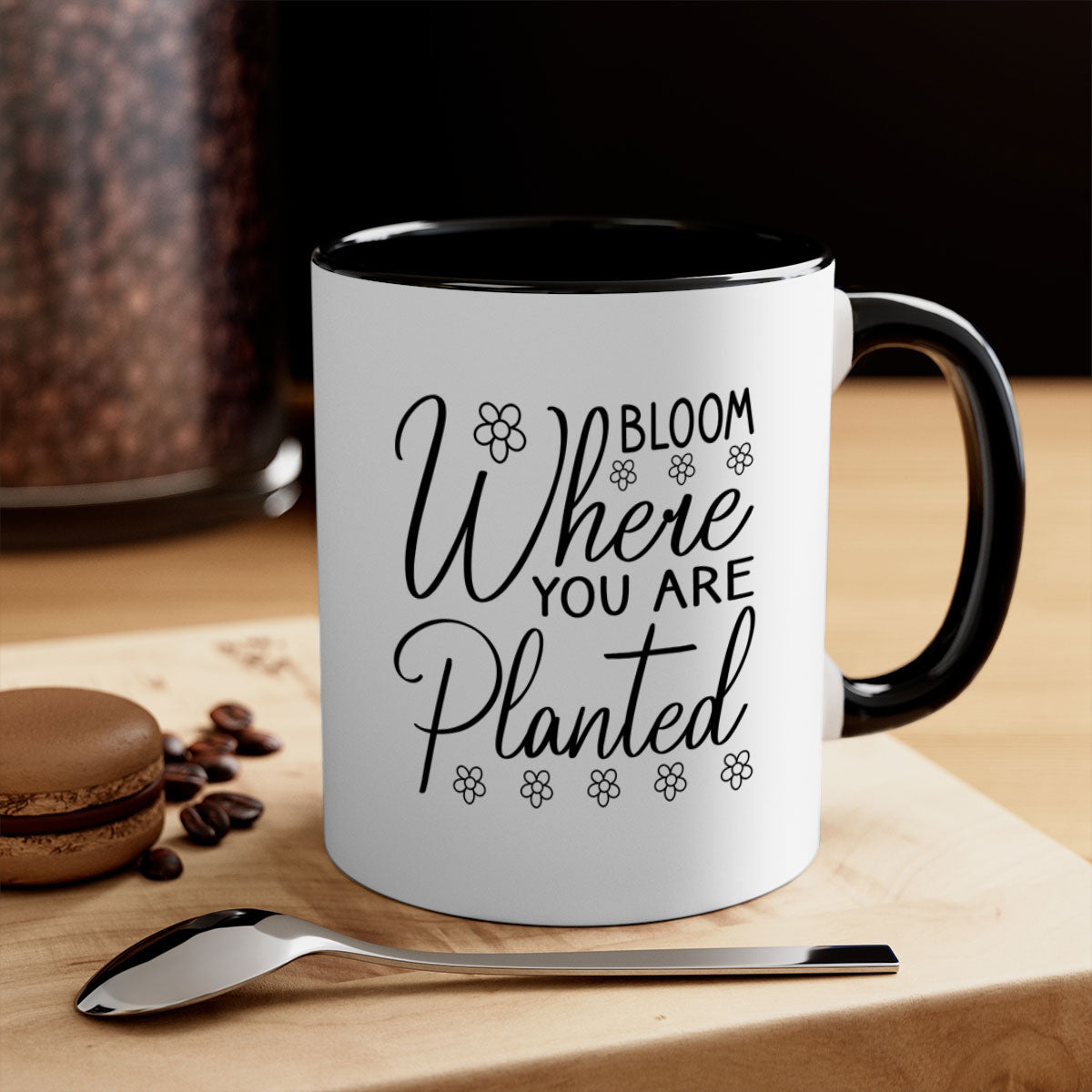 Bloom where you are planted mug with a glossy finish, featuring a colored handle and interior, available in multiple colors.