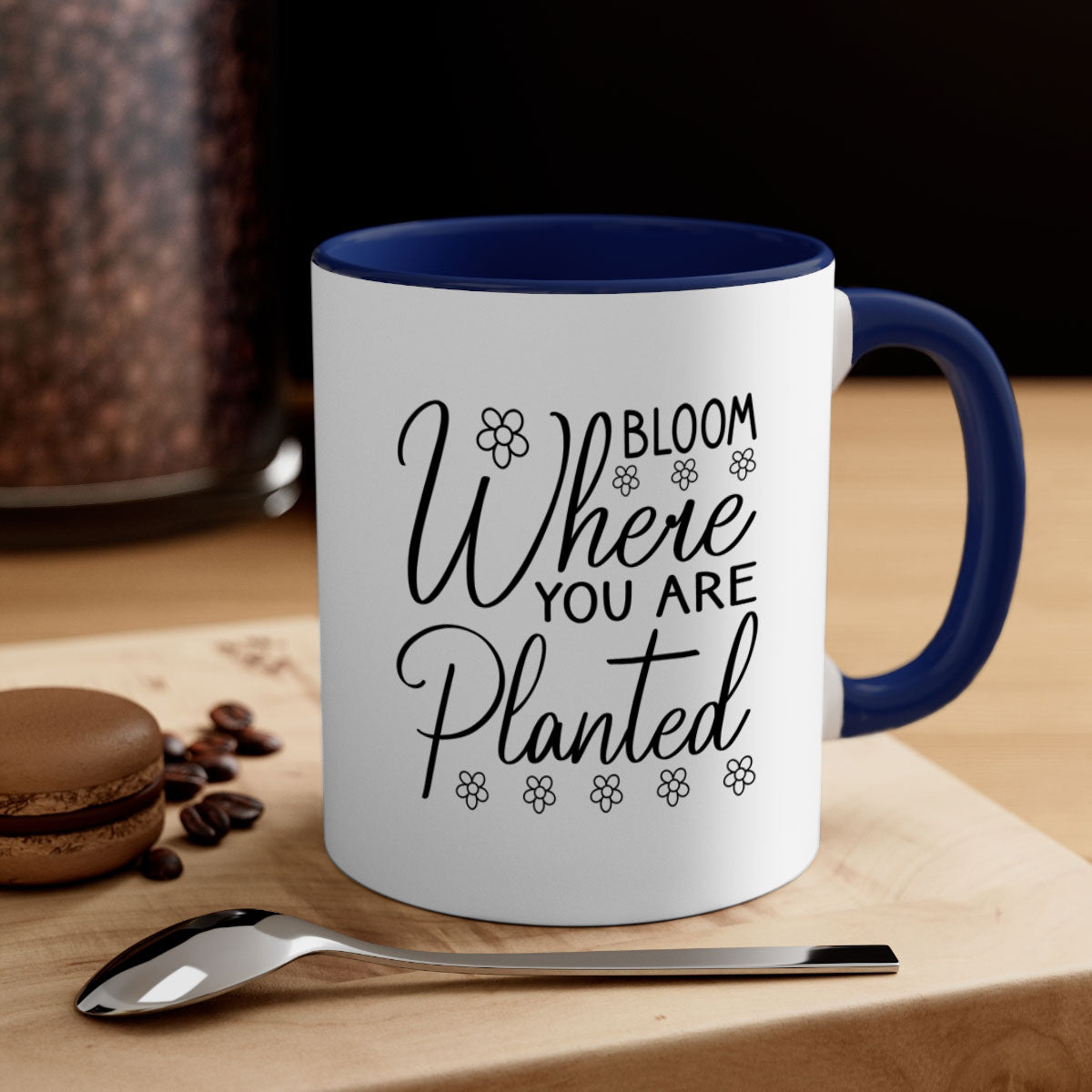 Bloom where you are planted mug with a glossy finish, featuring a colored handle and interior, available in multiple colors.