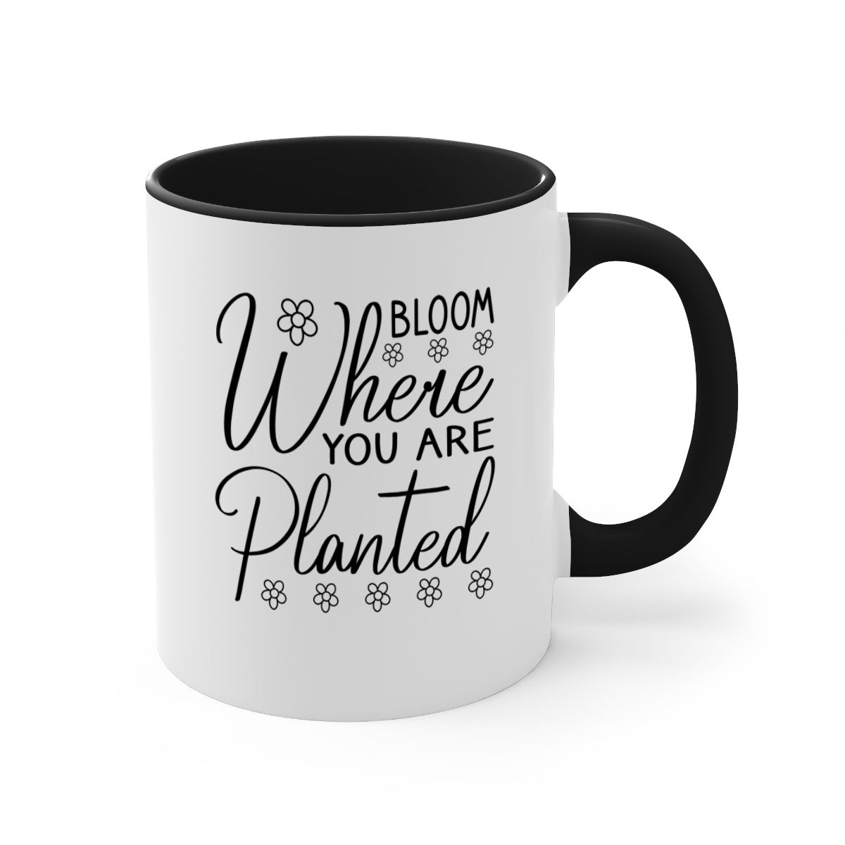 Bloom where you are planted mug with a glossy finish, featuring a colored handle and interior, available in multiple colors.