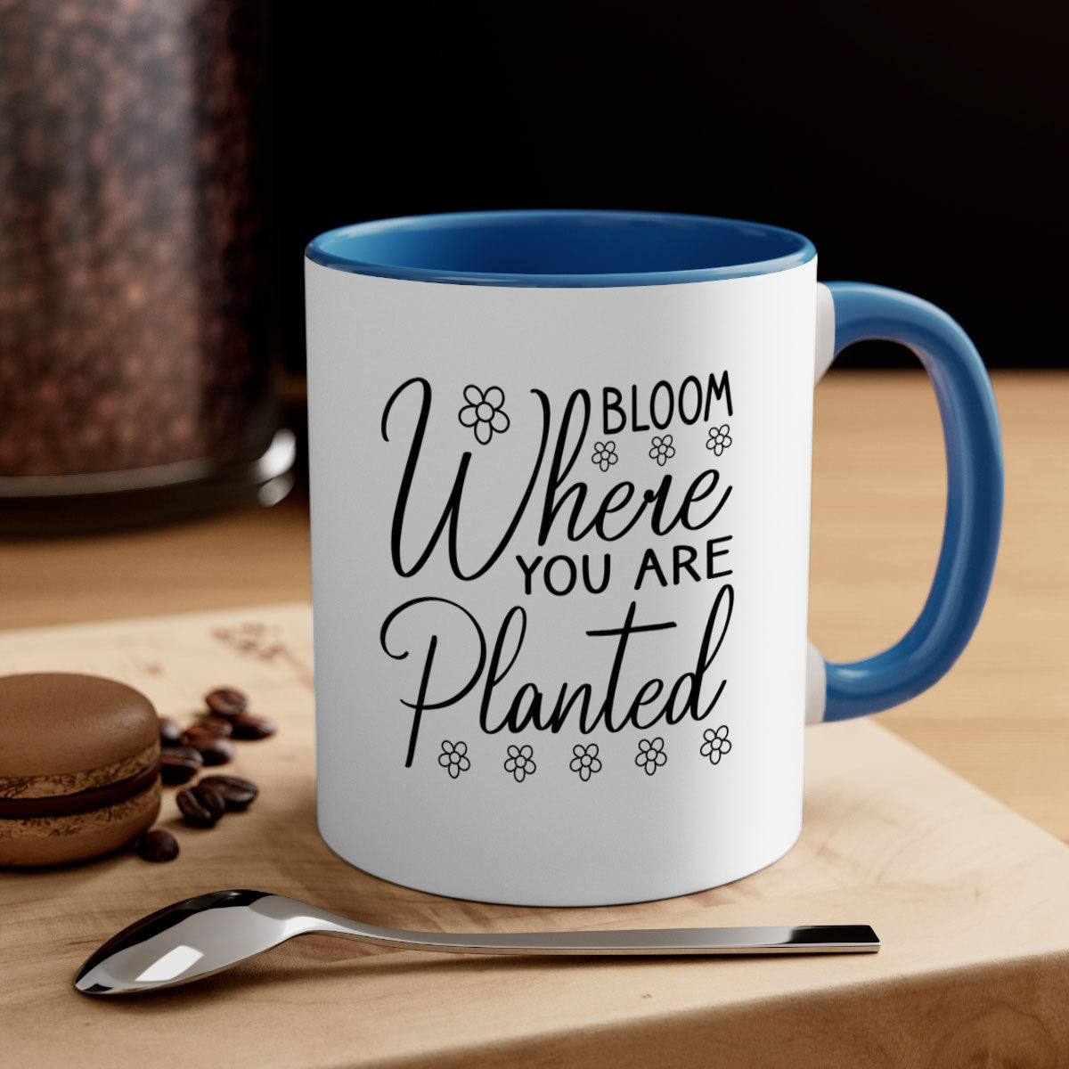 Bloom where you are planted mug with a glossy finish, featuring a colored handle and interior, available in multiple colors.