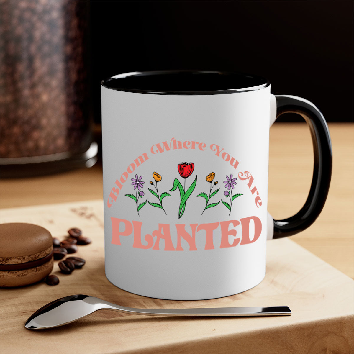 Bloom Where You Are Planted mug with a glossy finish, featuring a colored handle and interior, available in multiple colors.