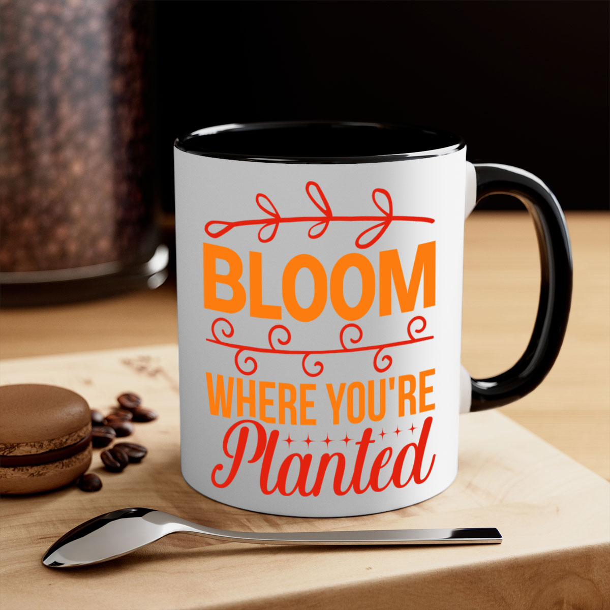 Bloom where you're planted mug with a glossy finish, featuring a colored handle and interior, available in multiple colors.