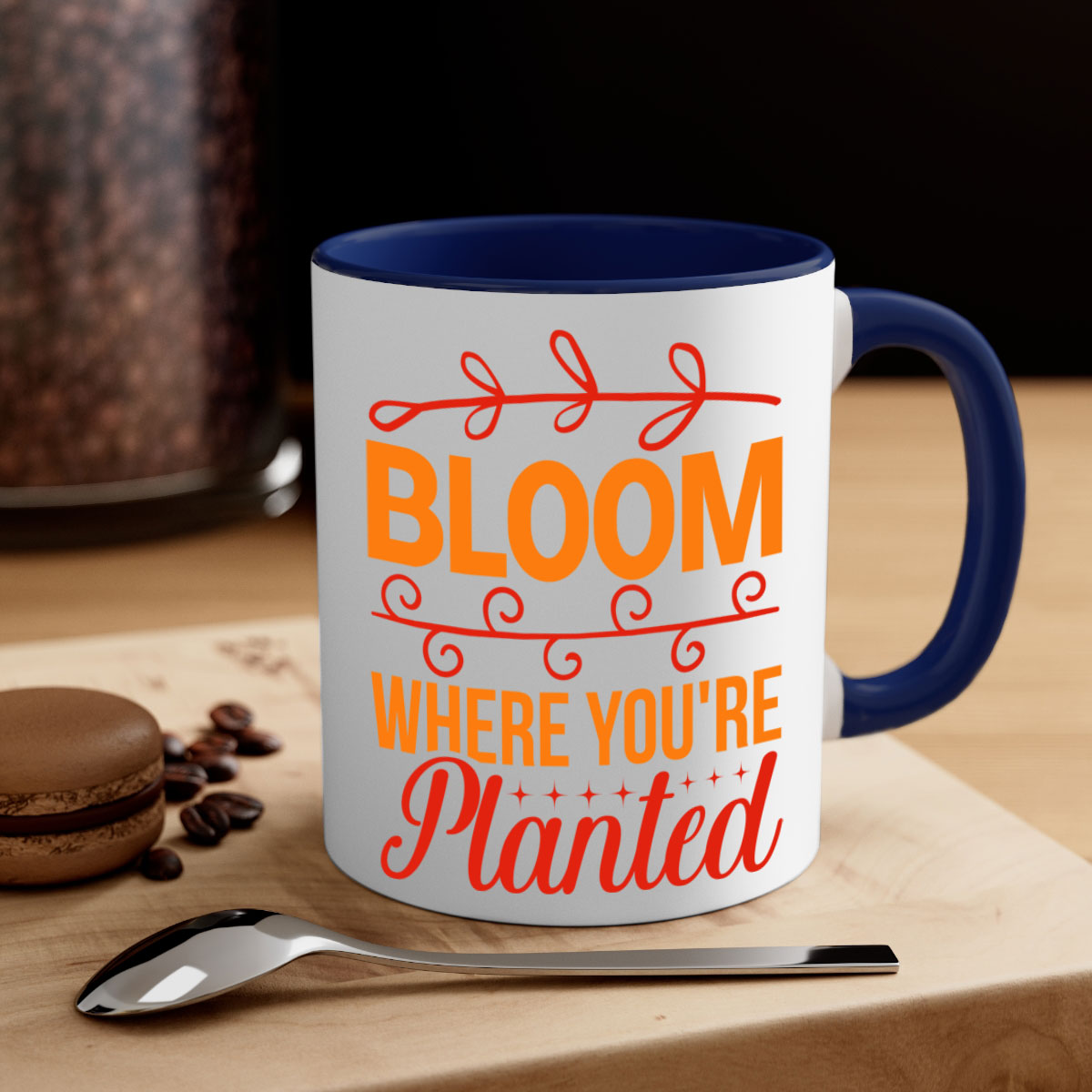 Bloom where you're planted mug with a glossy finish, featuring a colored handle and interior, available in multiple colors.