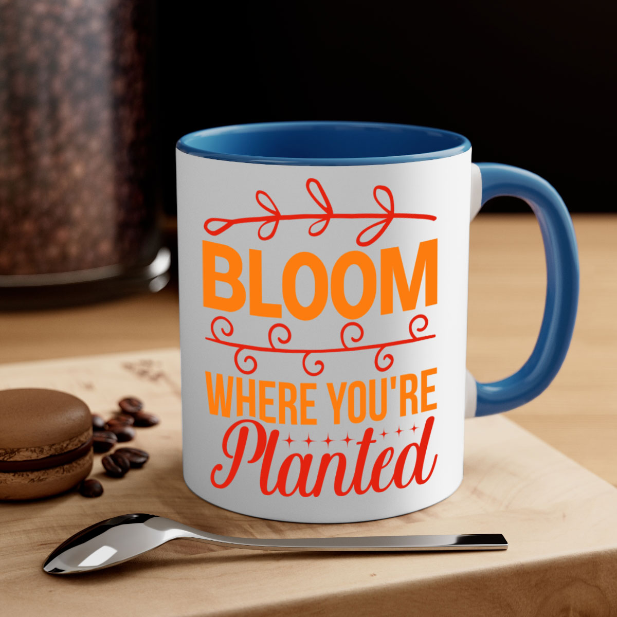 Bloom where you're planted mug with a glossy finish, featuring a colored handle and interior, available in multiple colors.