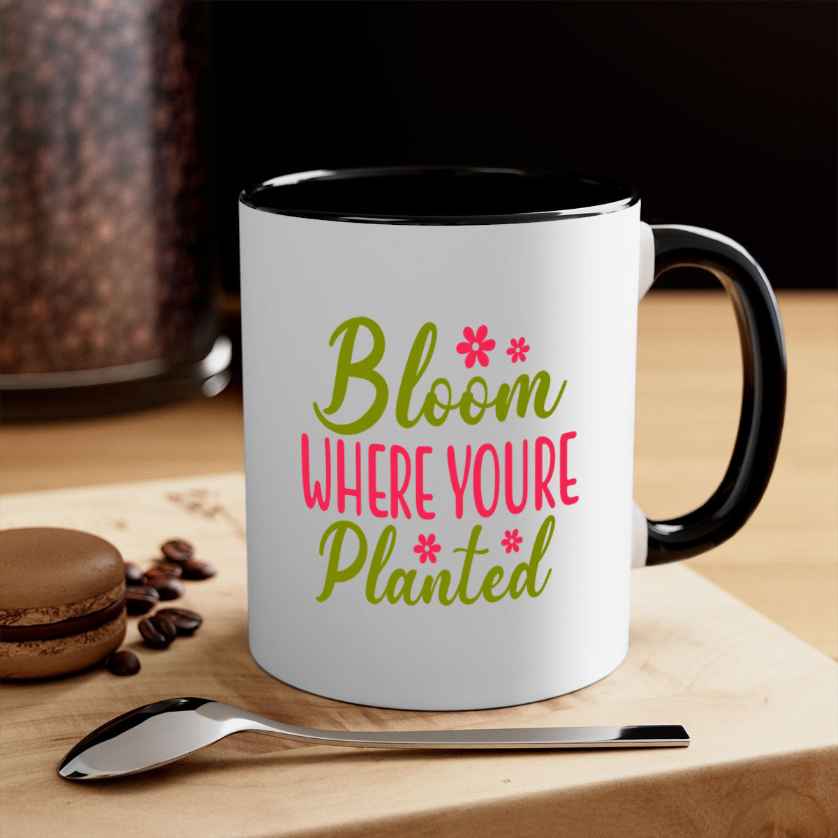 Bloom Where You're Planted Mug with a glossy finish, featuring a colored handle and interior, available in multiple colors.