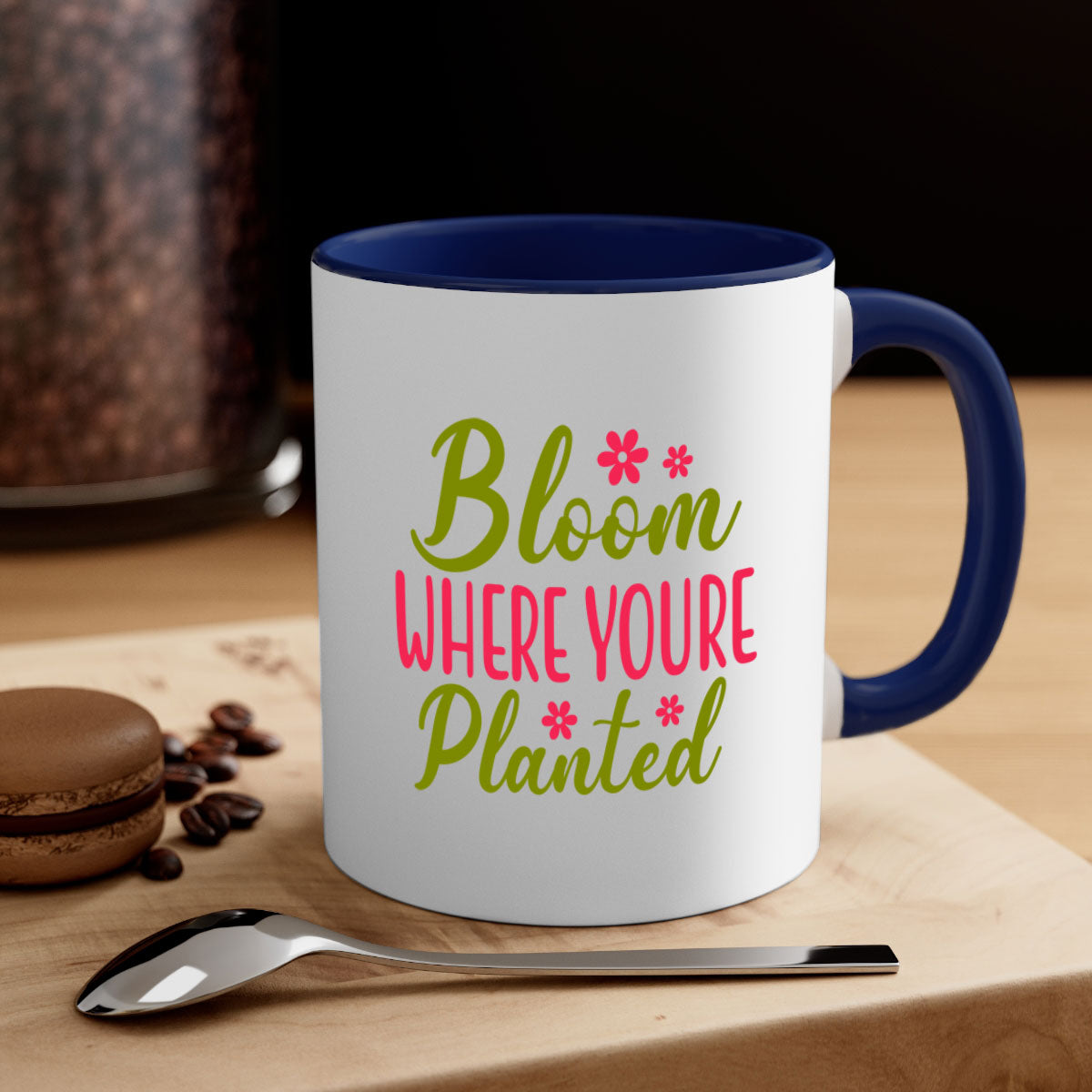 Bloom Where You're Planted Mug with a glossy finish, featuring a colored handle and interior, available in multiple colors.