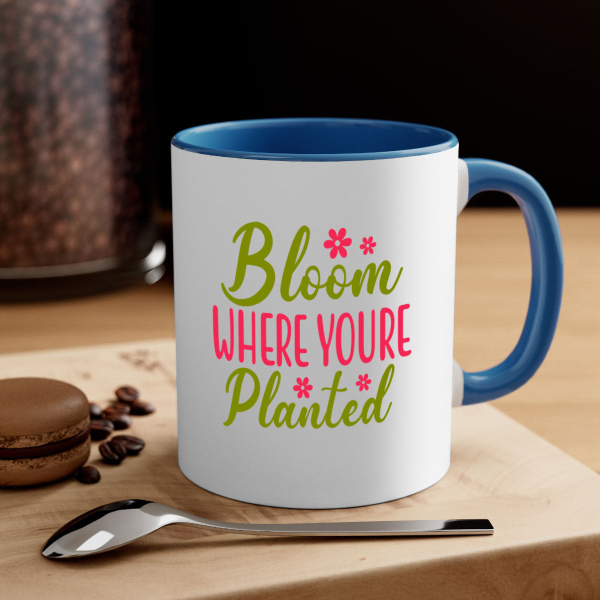 Bloom Where You're Planted Mug with a glossy finish, featuring a colored handle and interior, available in multiple colors.