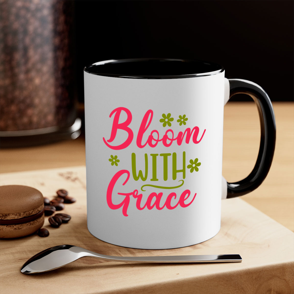 Bloom With Grace 80# Mug featuring a glossy finish, colored handle, and interior, available in multiple colors.