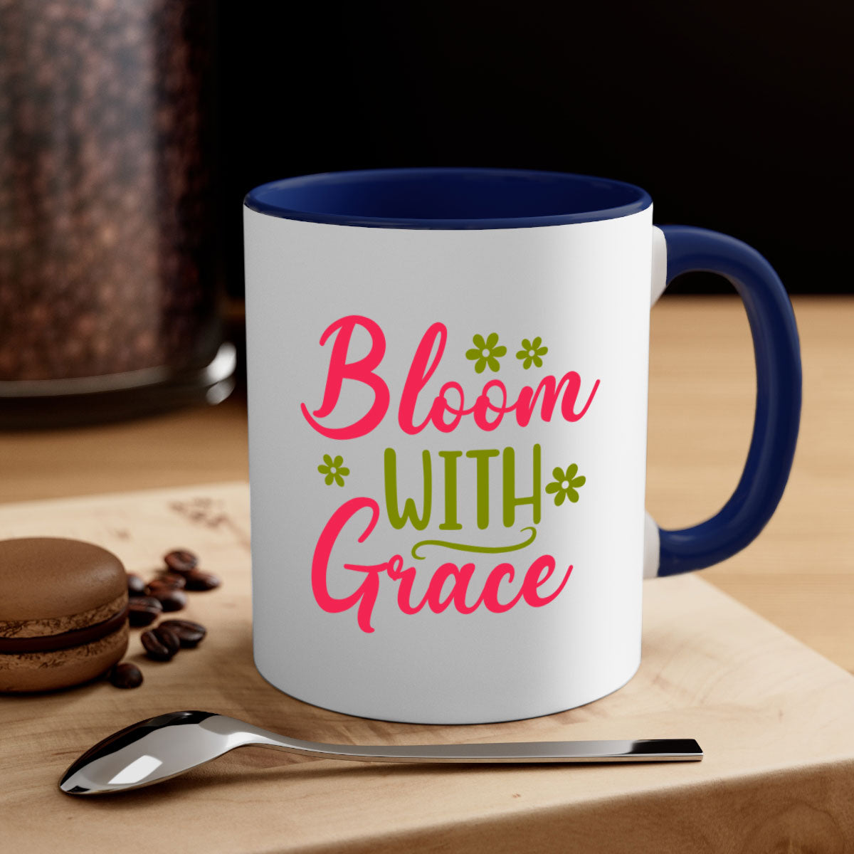 Bloom With Grace 80# Mug featuring a glossy finish, colored handle, and interior, available in multiple colors.