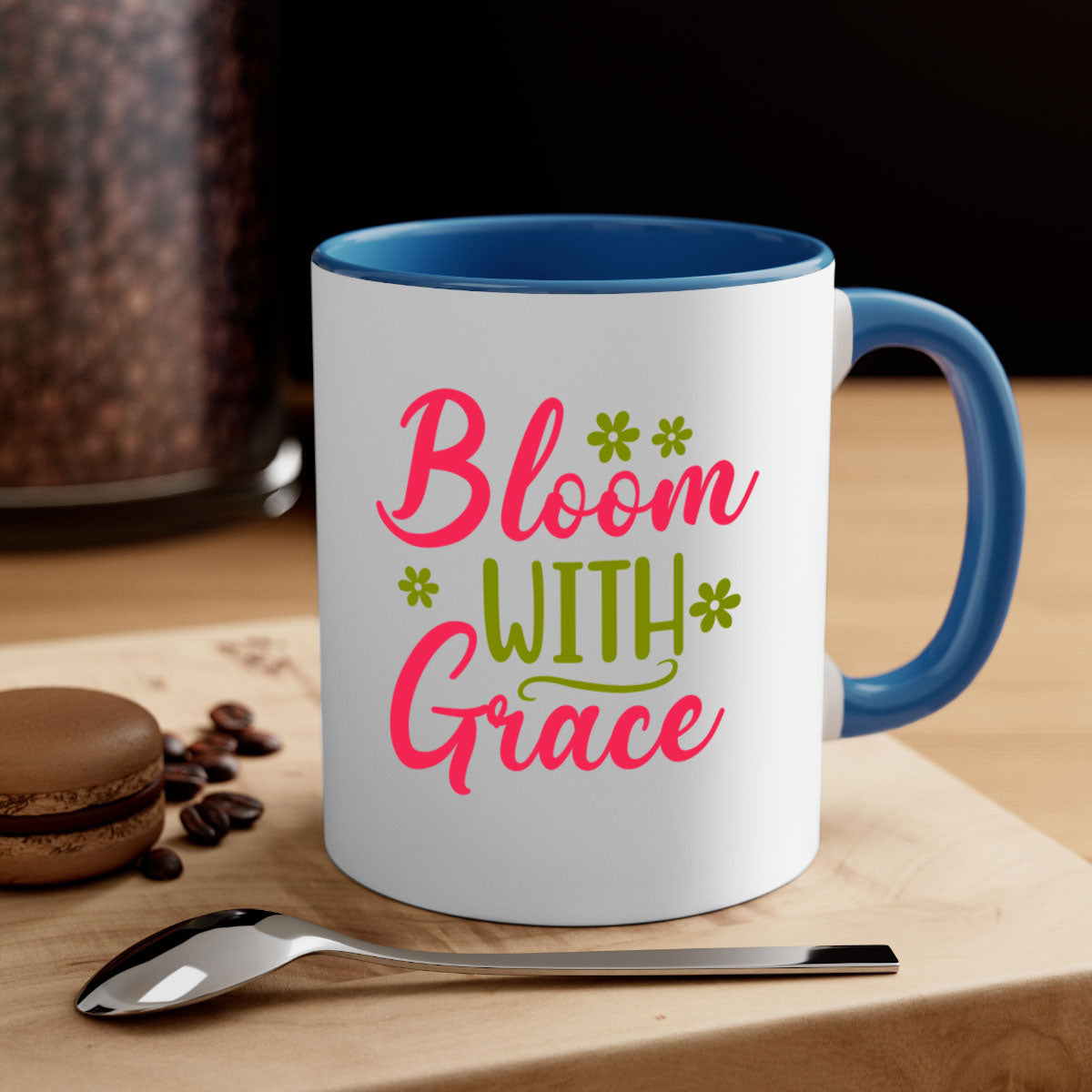 Bloom With Grace 80# Mug featuring a glossy finish, colored handle, and interior, available in multiple colors.