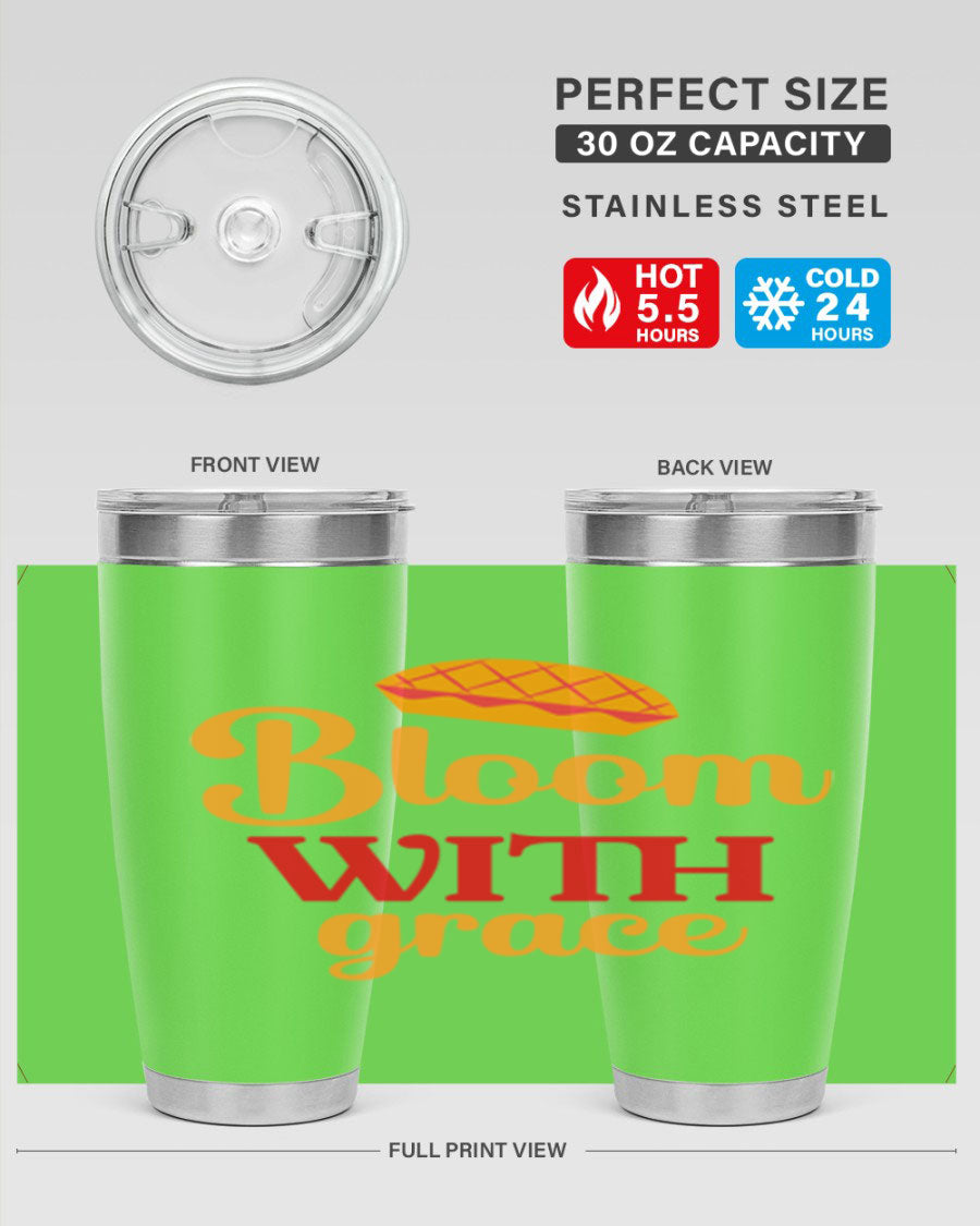 Bloom with Grace 20oz Tumbler in stainless steel with floral design, showcasing its double wall vacuum insulation and drink-thru lid.