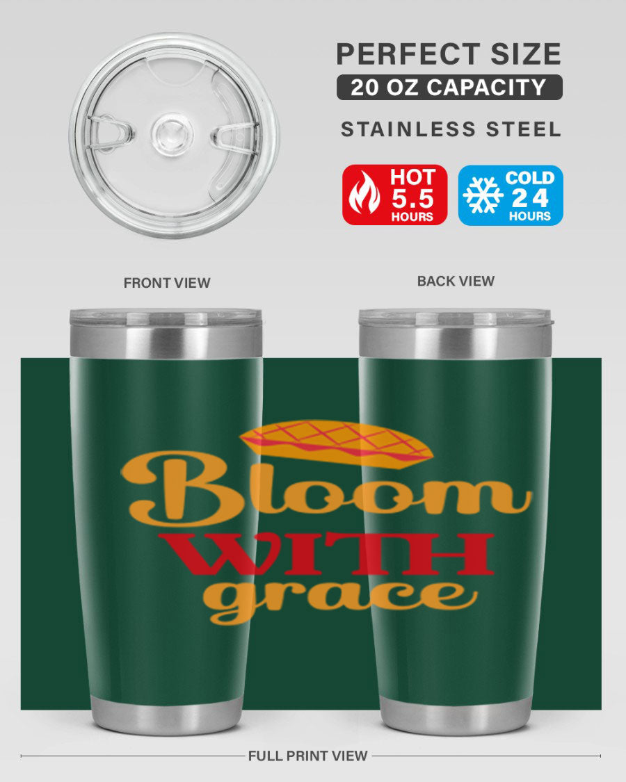 Bloom with Grace 20oz Tumbler in stainless steel with floral design, showcasing its double wall vacuum insulation and drink-thru lid.