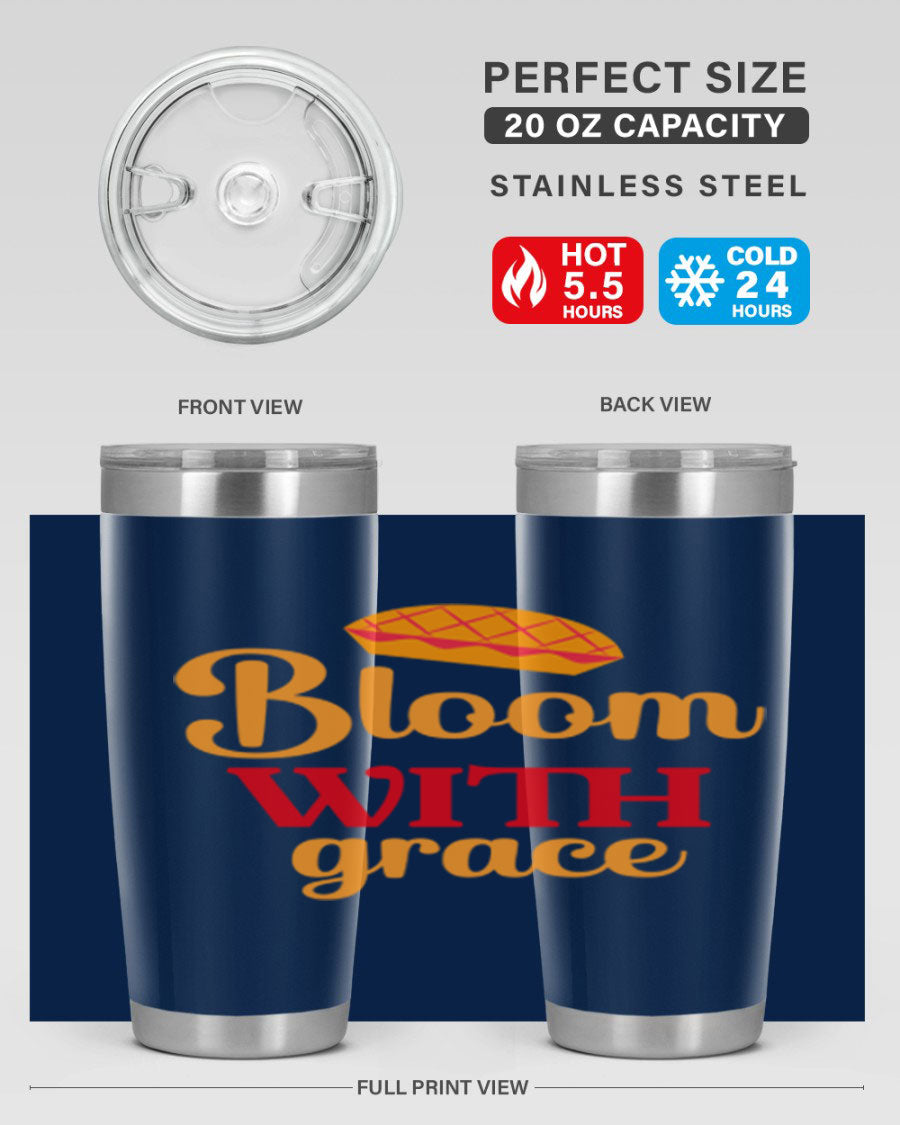 Bloom with Grace 20oz Tumbler in stainless steel with floral design, showcasing its double wall vacuum insulation and drink-thru lid.