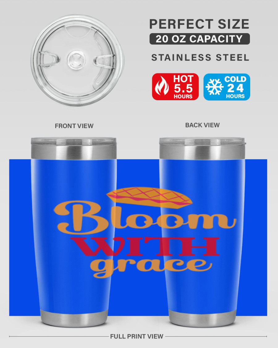 Bloom with Grace 20oz Tumbler in stainless steel with floral design, showcasing its double wall vacuum insulation and drink-thru lid.