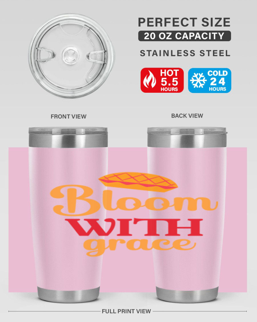 Bloom with Grace 20oz Tumbler in stainless steel with floral design, showcasing its double wall vacuum insulation and drink-thru lid.