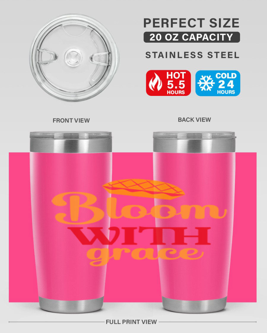 Bloom with Grace 20oz Tumbler in stainless steel with floral design, showcasing its double wall vacuum insulation and drink-thru lid.