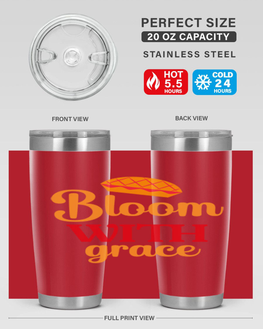 Bloom with Grace 20oz Tumbler in stainless steel with floral design, showcasing its double wall vacuum insulation and drink-thru lid.