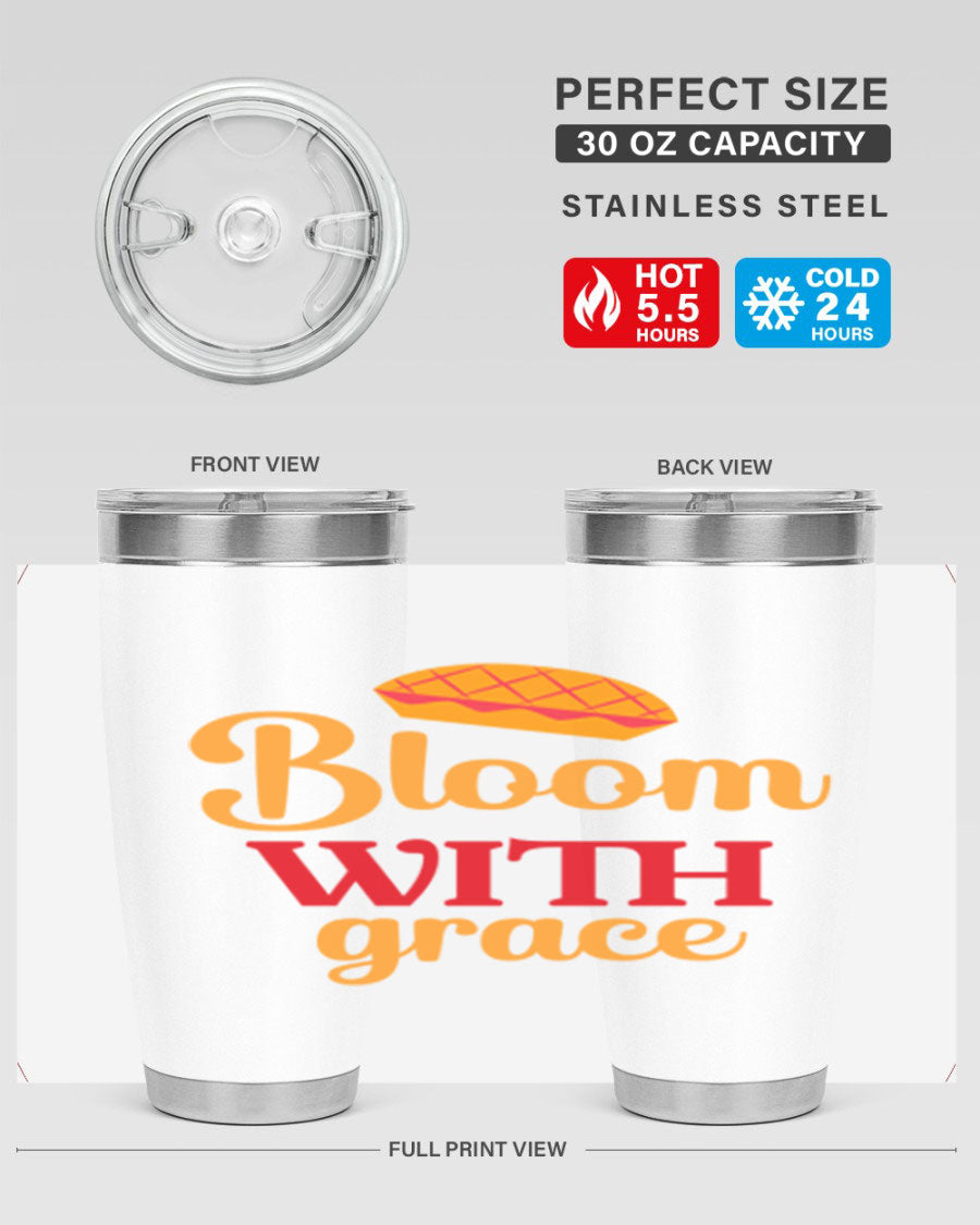 Bloom with Grace 20oz Tumbler in stainless steel with floral design, showcasing its double wall vacuum insulation and drink-thru lid.