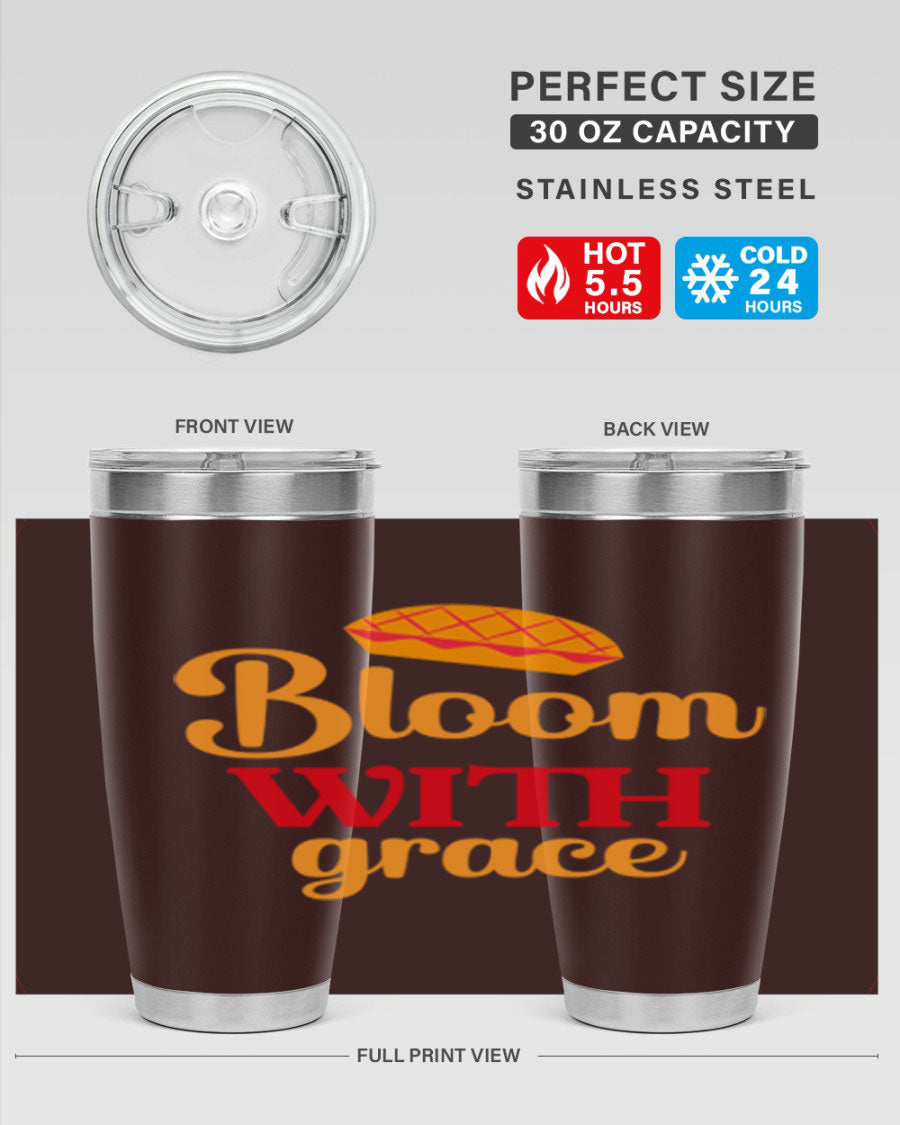 Bloom with Grace 20oz Tumbler in stainless steel with floral design, showcasing its double wall vacuum insulation and drink-thru lid.