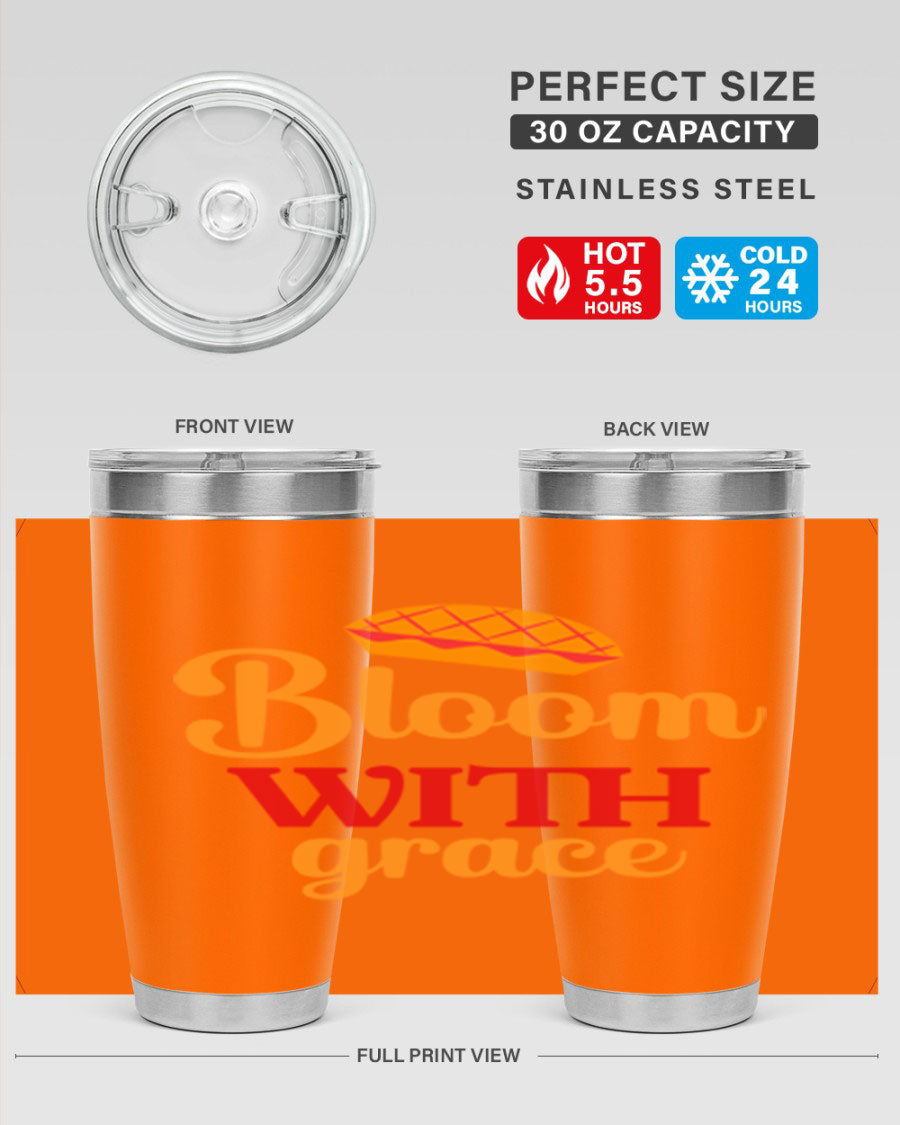 Bloom with Grace 20oz Tumbler in stainless steel with floral design, showcasing its double wall vacuum insulation and drink-thru lid.