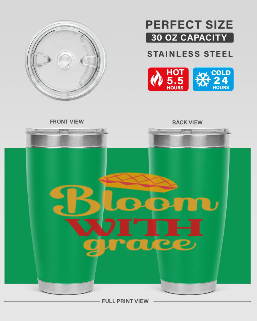 Bloom with Grace 20oz Tumbler in stainless steel with floral design, showcasing its double wall vacuum insulation and drink-thru lid.