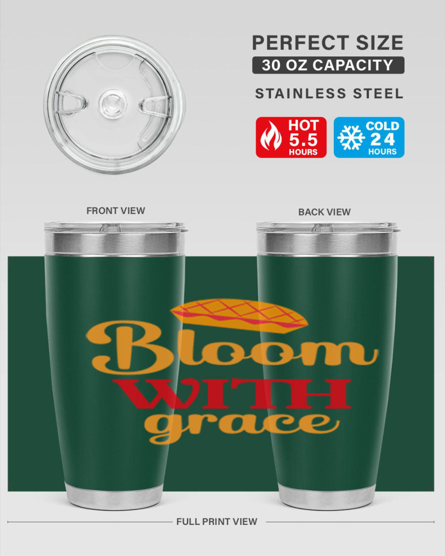 Bloom with Grace 20oz Tumbler in stainless steel with floral design, showcasing its double wall vacuum insulation and drink-thru lid.