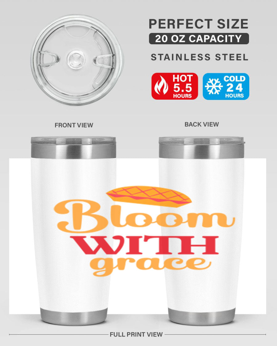 Bloom with Grace 20oz Tumbler in stainless steel with floral design, showcasing its double wall vacuum insulation and drink-thru lid.