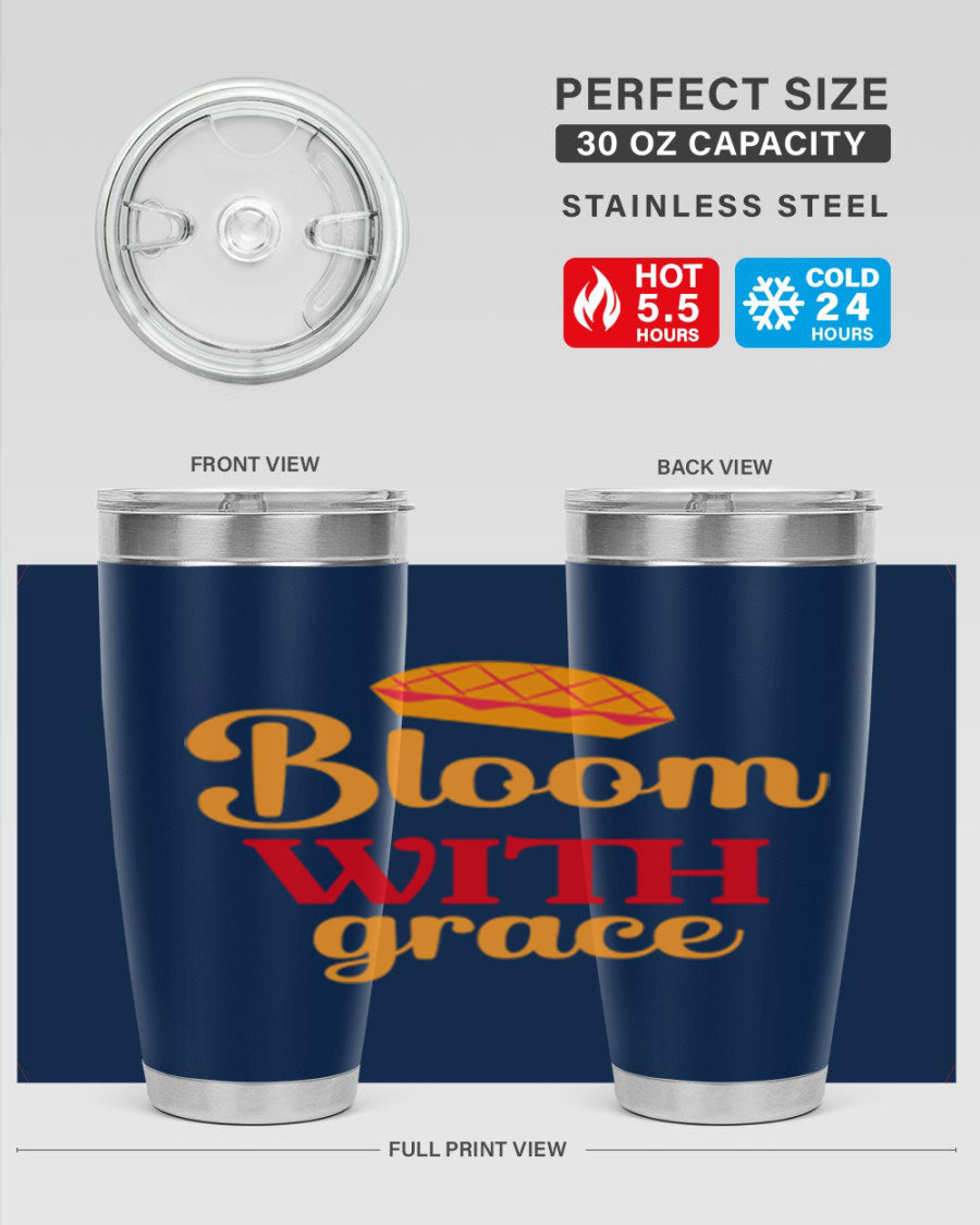 Bloom with Grace 20oz Tumbler in stainless steel with floral design, showcasing its double wall vacuum insulation and drink-thru lid.