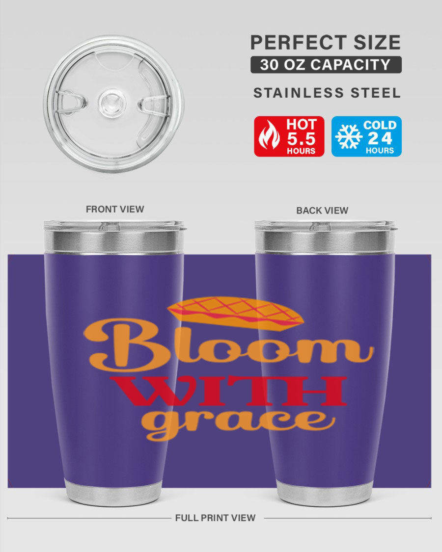 Bloom with Grace 20oz Tumbler in stainless steel with floral design, showcasing its double wall vacuum insulation and drink-thru lid.