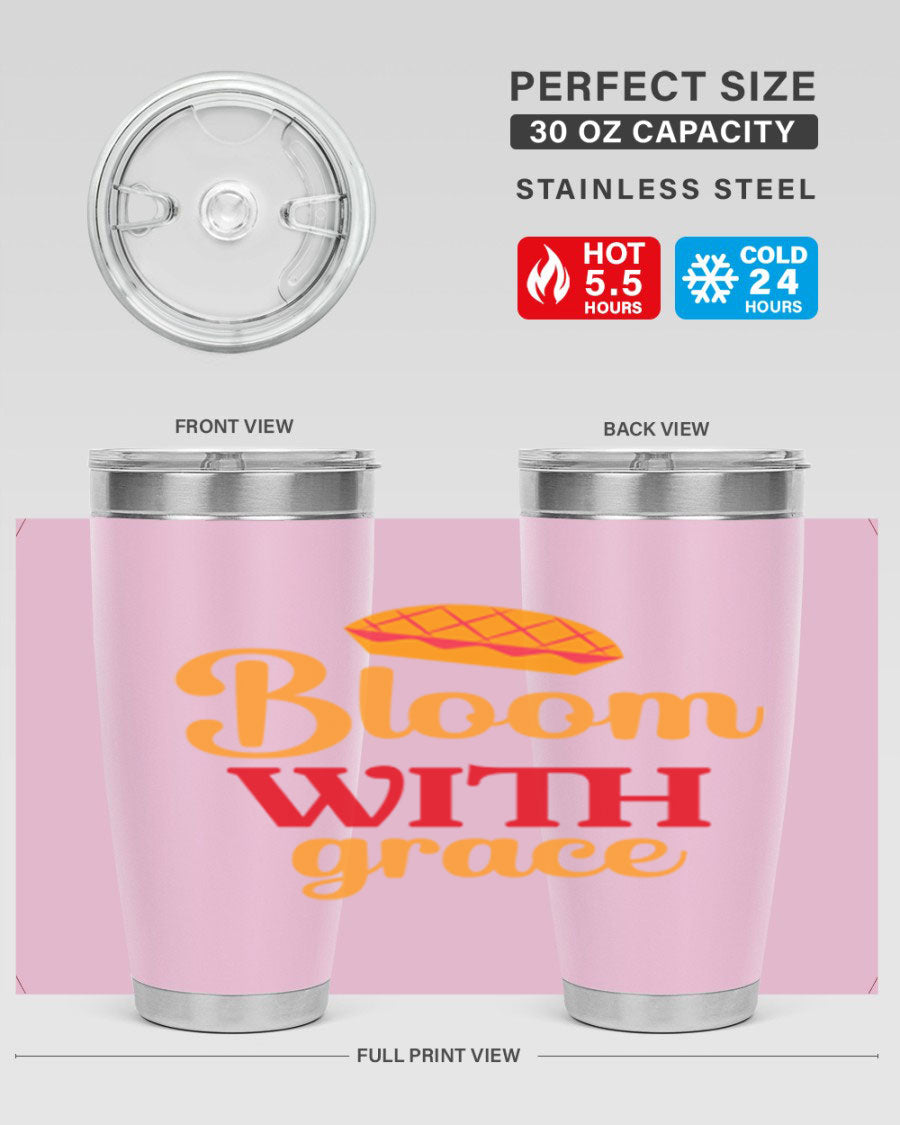 Bloom with Grace 20oz Tumbler in stainless steel with floral design, showcasing its double wall vacuum insulation and drink-thru lid.