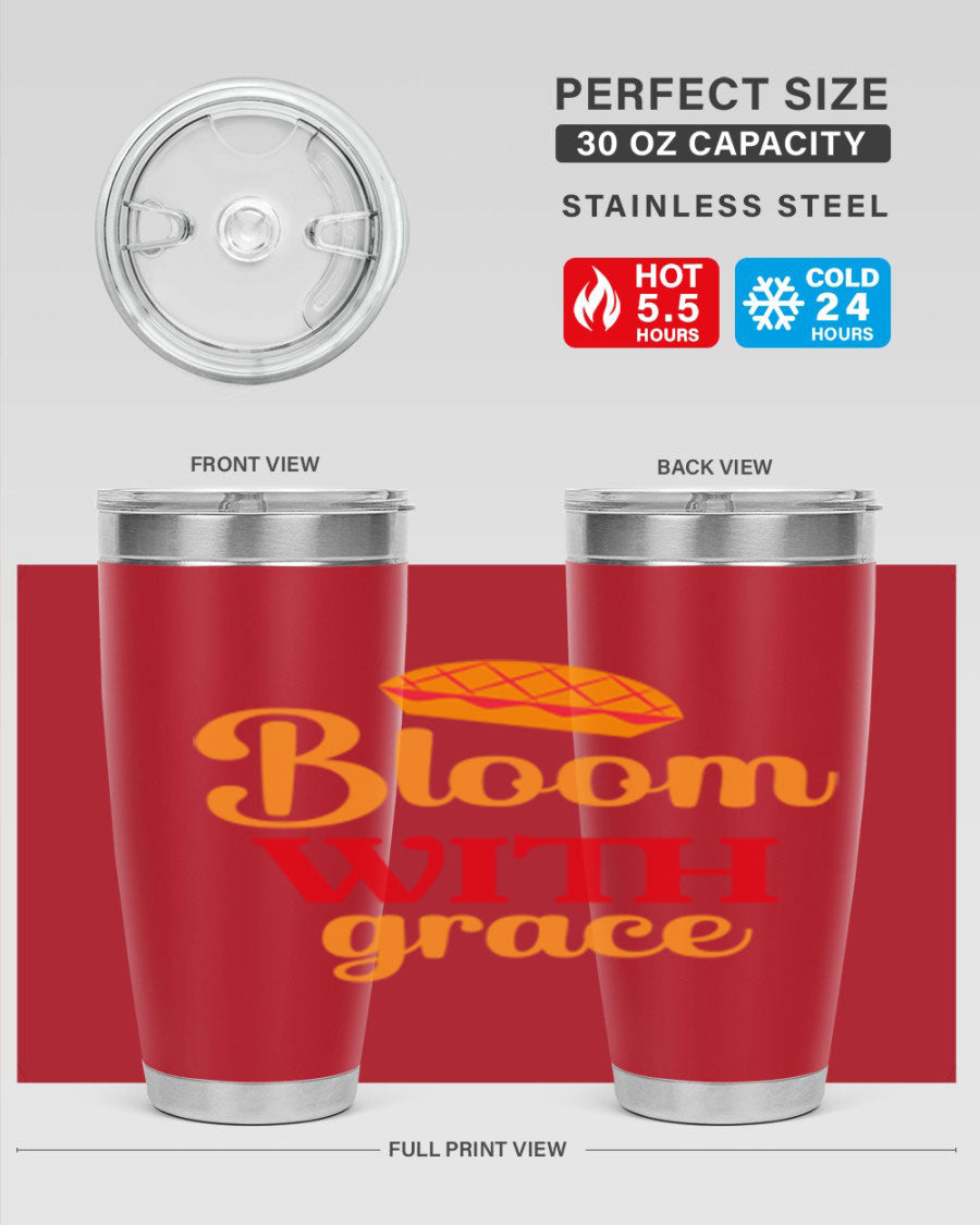 Bloom with Grace 20oz Tumbler in stainless steel with floral design, showcasing its double wall vacuum insulation and drink-thru lid.