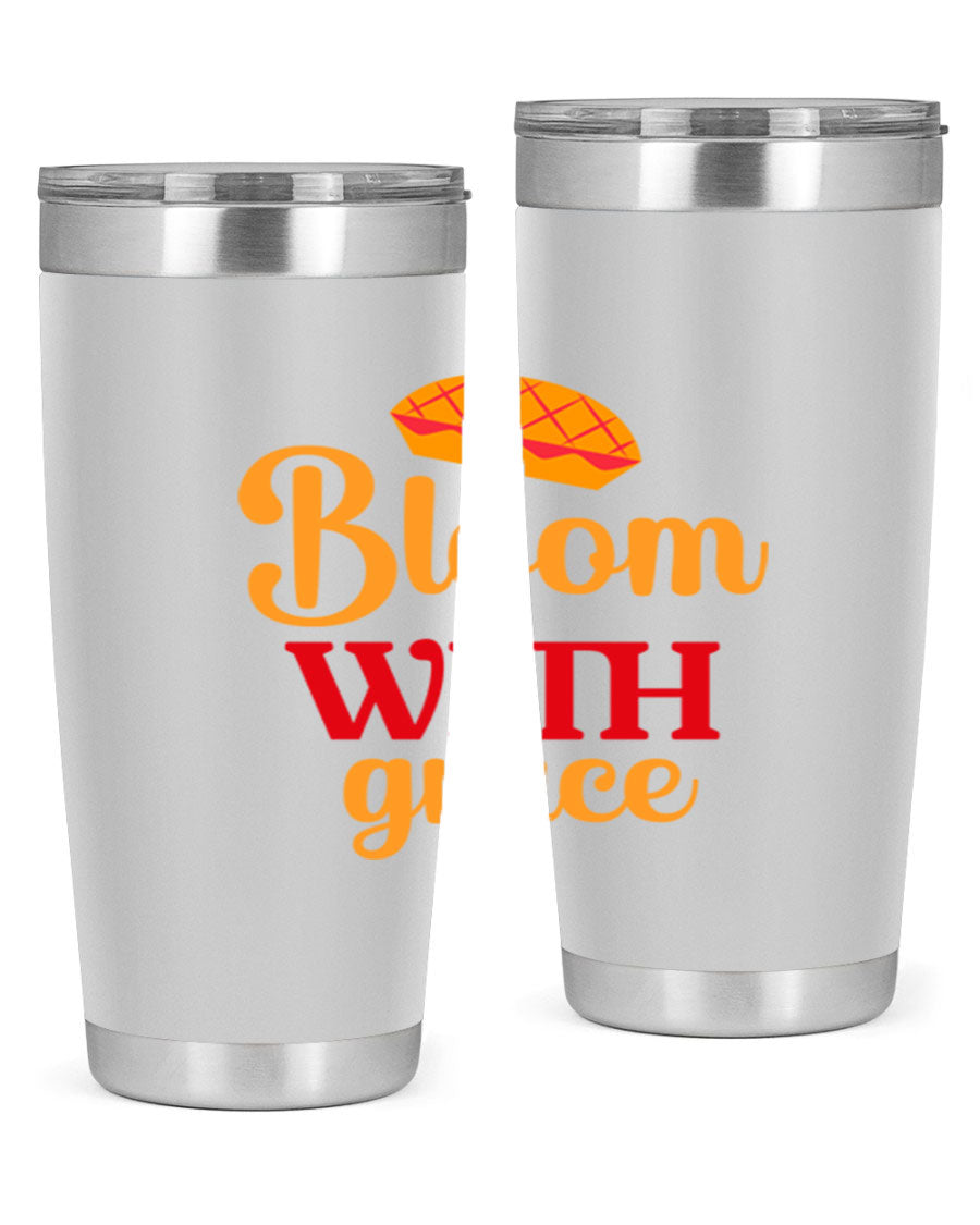 Bloom with Grace 20oz Tumbler in stainless steel with floral design, showcasing its double wall vacuum insulation and drink-thru lid.